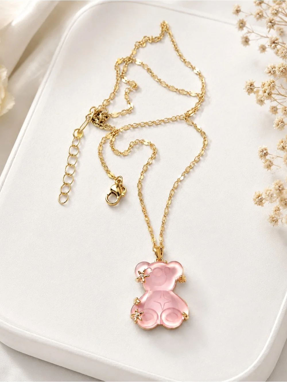 Gold and Pink Bear Pendant Necklace 316L